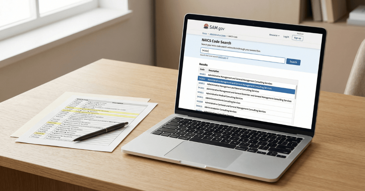 Laptop-SAM-gov-NAICS-code-search-selection-interface-printed-industry-classification-reference