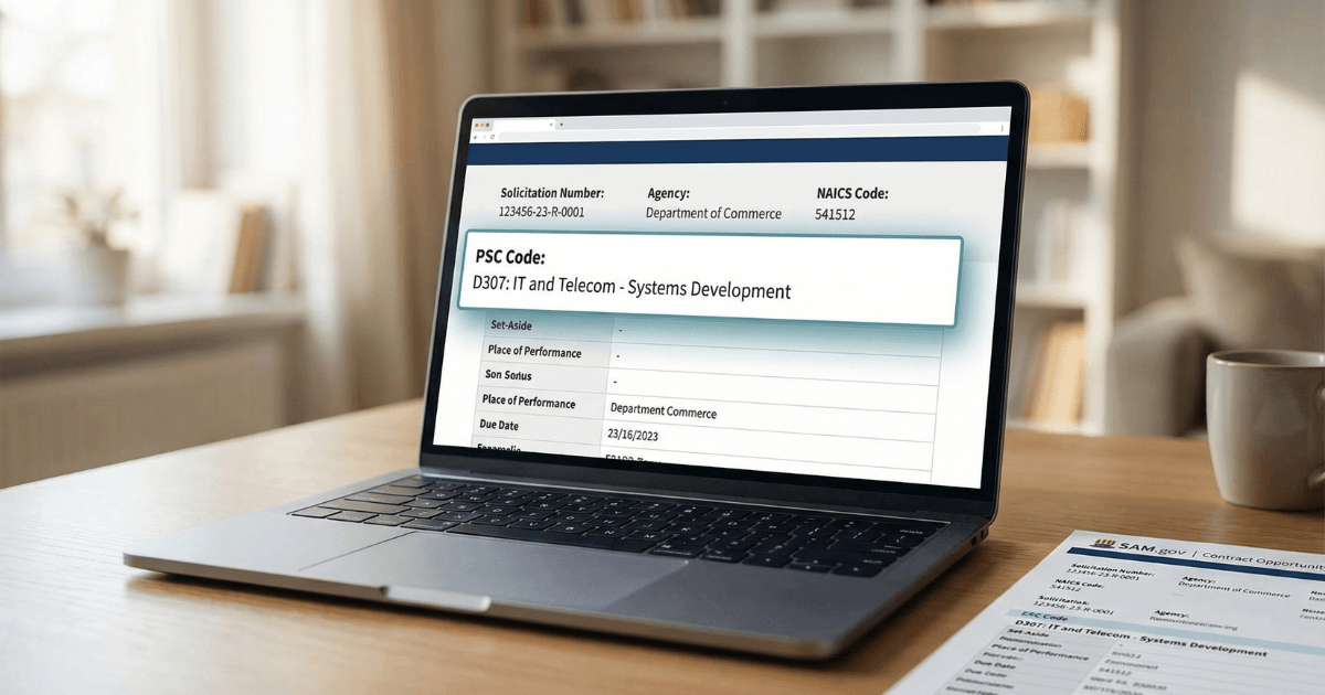 Federal-solicitation-document-laptop-screen-PSC-code-field-highlighted-product-service-classification-government-contracting