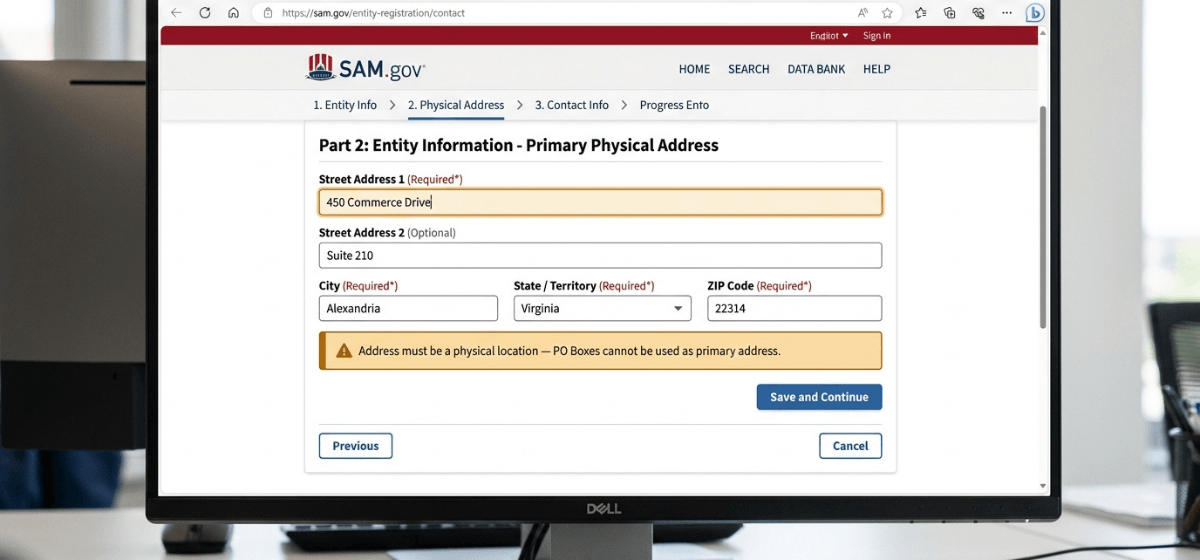 SAM-gov-address-entry-form-physical-address-required-PO-box-warning