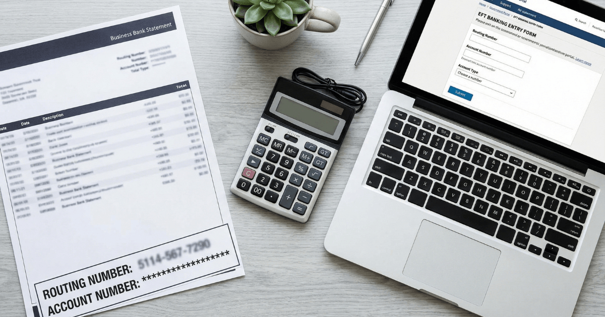 Business-bank-statement-laptop-SAM-gov-EFT-banking-information-entry-form-federal-payment-setup