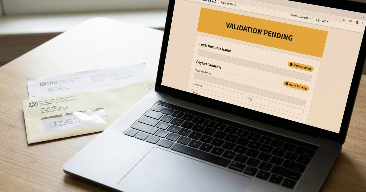 Laptop-screen-SAM-gov-entity-validation-pending-status-IRS-business-document-desk