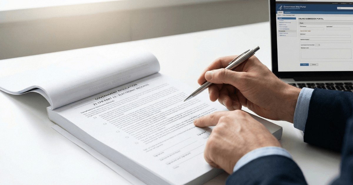 Professional-reviewing-federal-compliance-declaration-form-pen-hand-laptop-SAM-gov-certifications