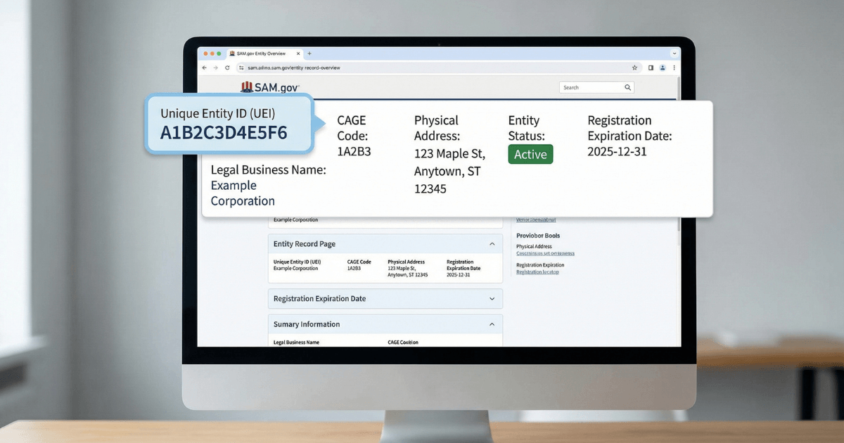 SAM-gov-entity-record-screen-Unique-Entity-ID-UEI-number-green-Active-status-laptop
