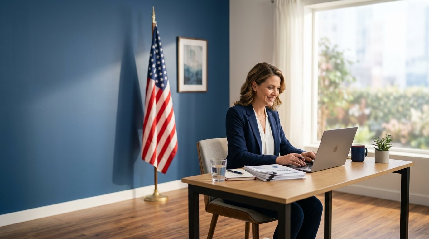 Small business owner researching federal contracting for beginners on a laptop