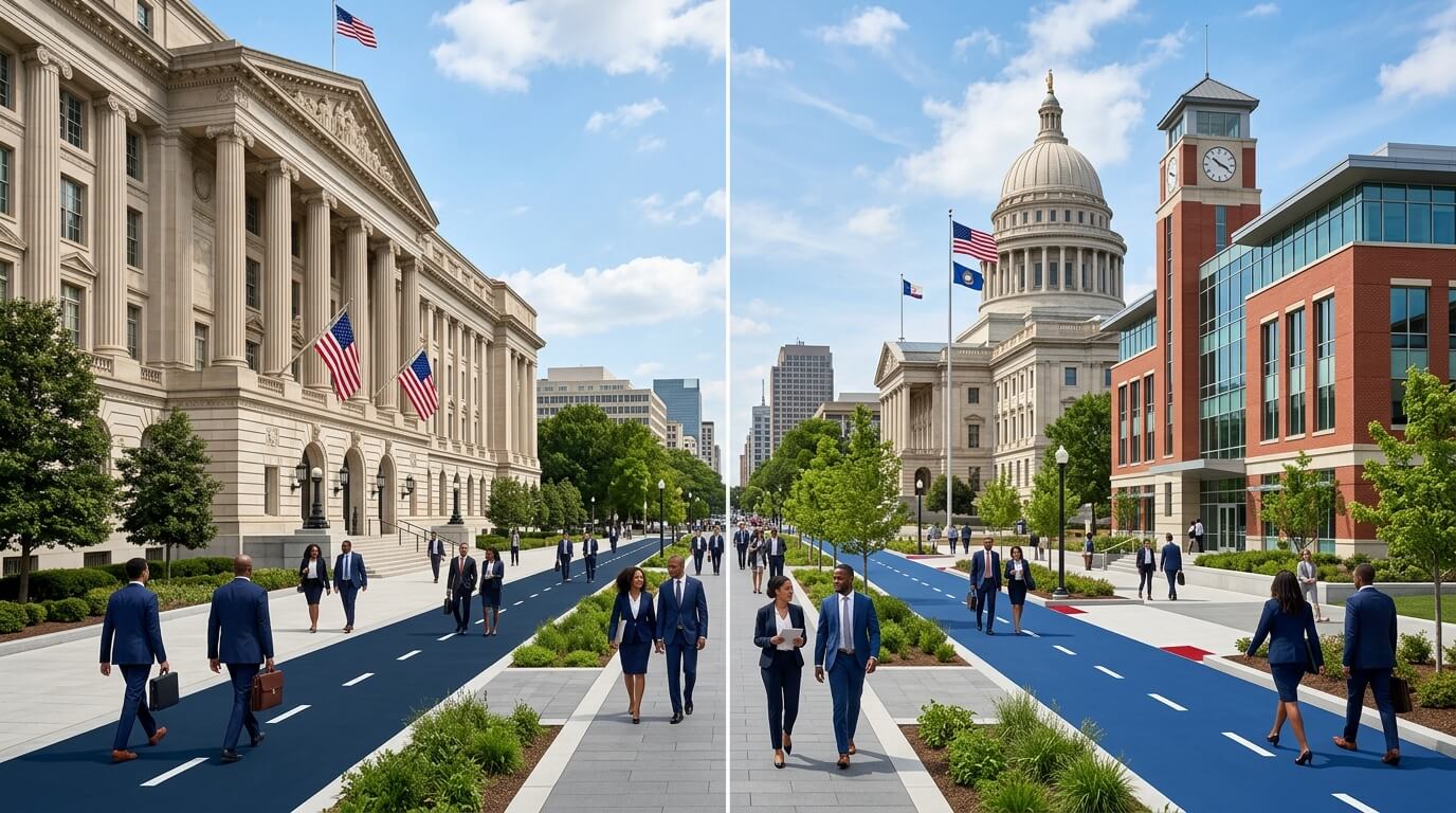 Federal and state government buildings representing federal vs state contracting paths