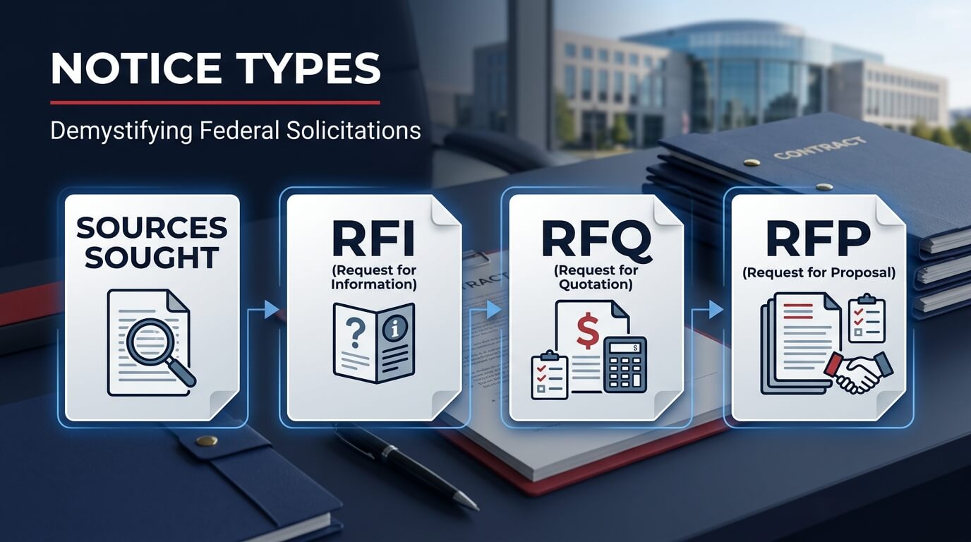 Comparison chart of federal notice types: Sources Sought, RFI, RFQ, RFP
